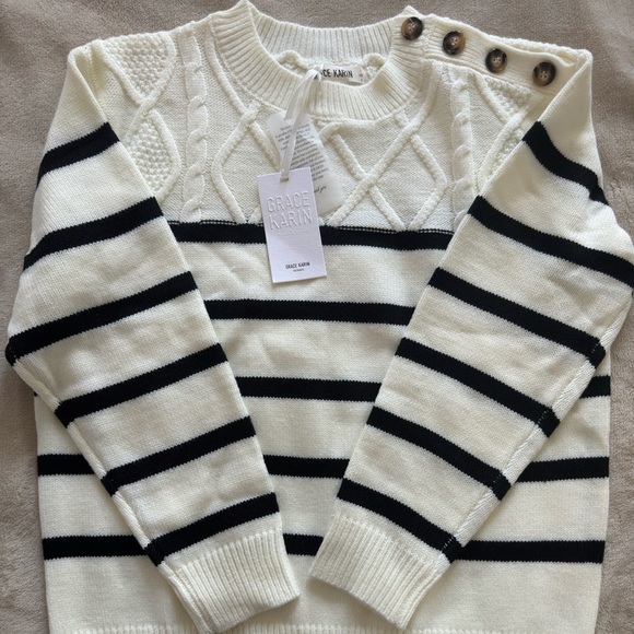 Grace Karin Beige / Black Striped Sweater Knit Long sleeve Size S - Picture 6 of 7